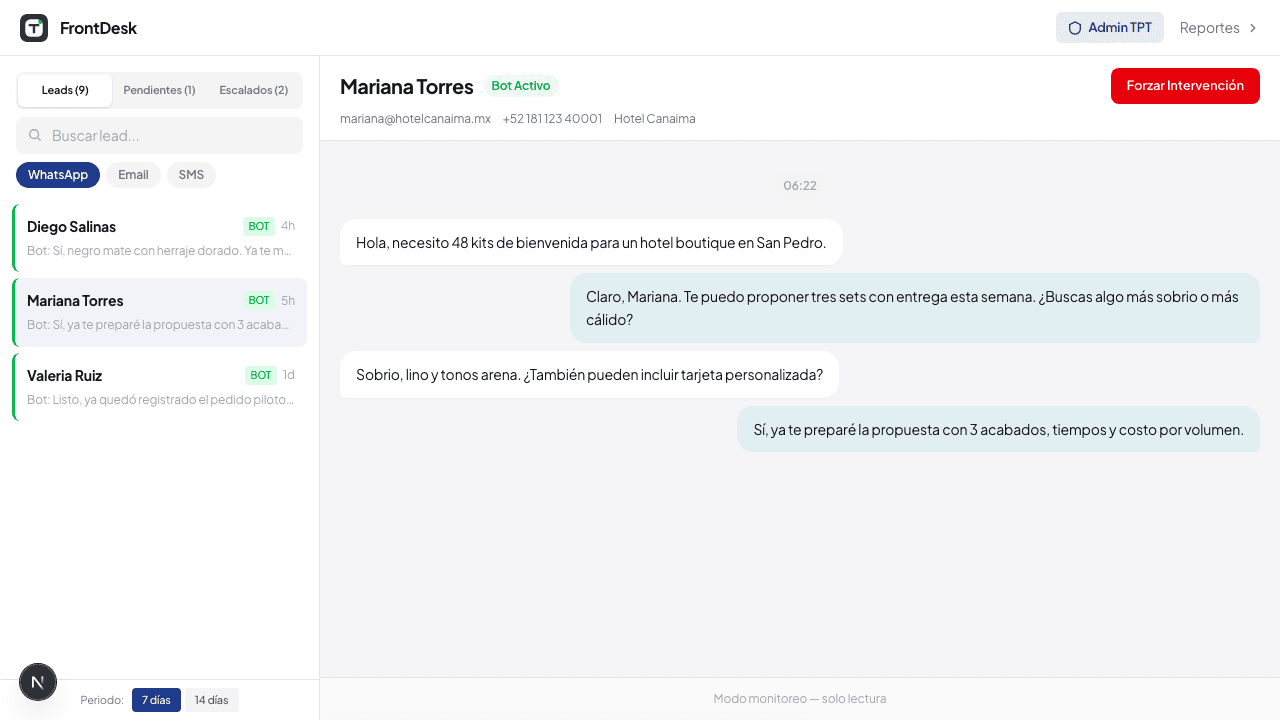 Vista principal del inbox operativo de TPT con conversaciones activas y contexto del lead