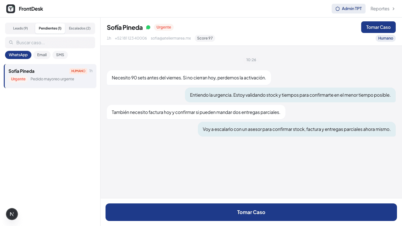 Caso urgente pendiente dentro del panel operativo